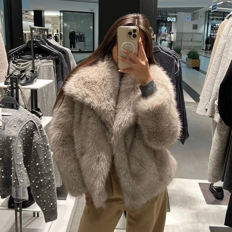 2025 Winter New Fashion Gradient Fluffy Fur Coat Women High Street Luxury Big Fur Collar Faux Fox Fur Jacket Female Overcoats