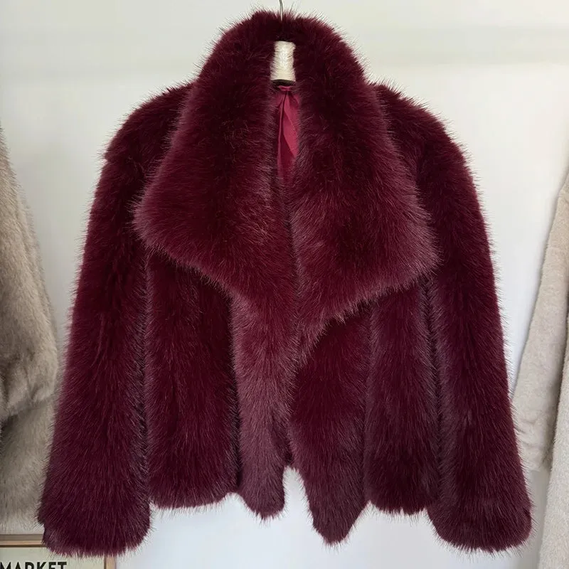 2025 Winter New Fashion Gradient Fluffy Fur Coat Women High Street Luxury Big Fur Collar Faux Fox Fur Jacket Female Overcoats