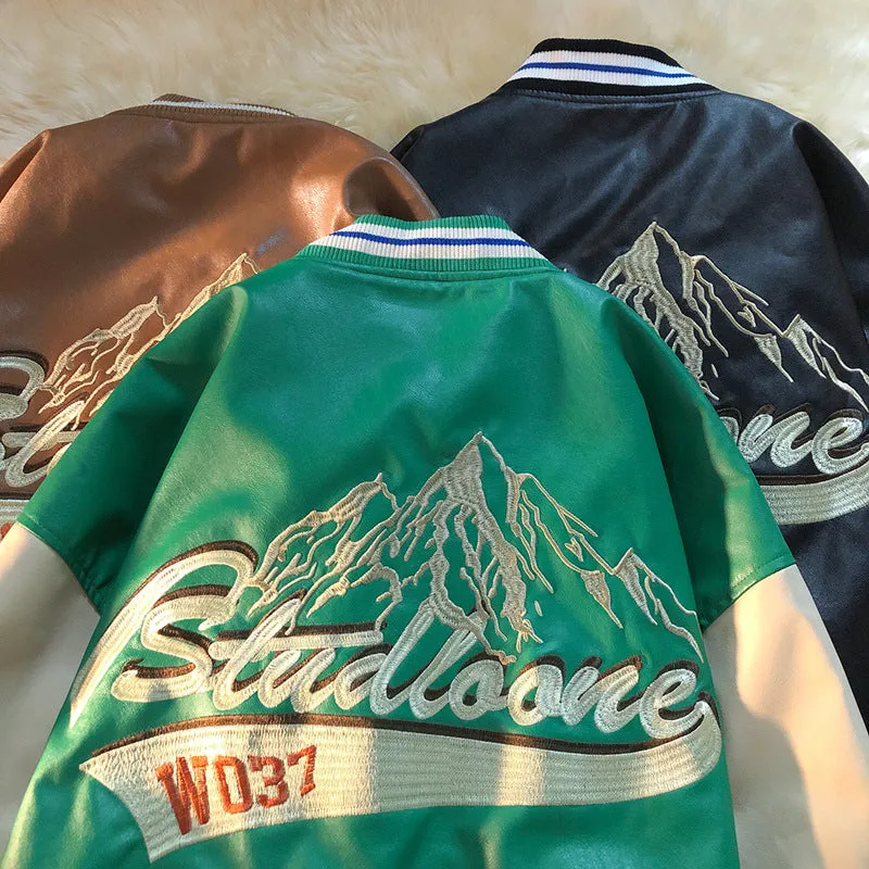 Alaska Varsity Jacket Spring and Autumn Vintage PU Leather Embroidered Jacket Men's Coat