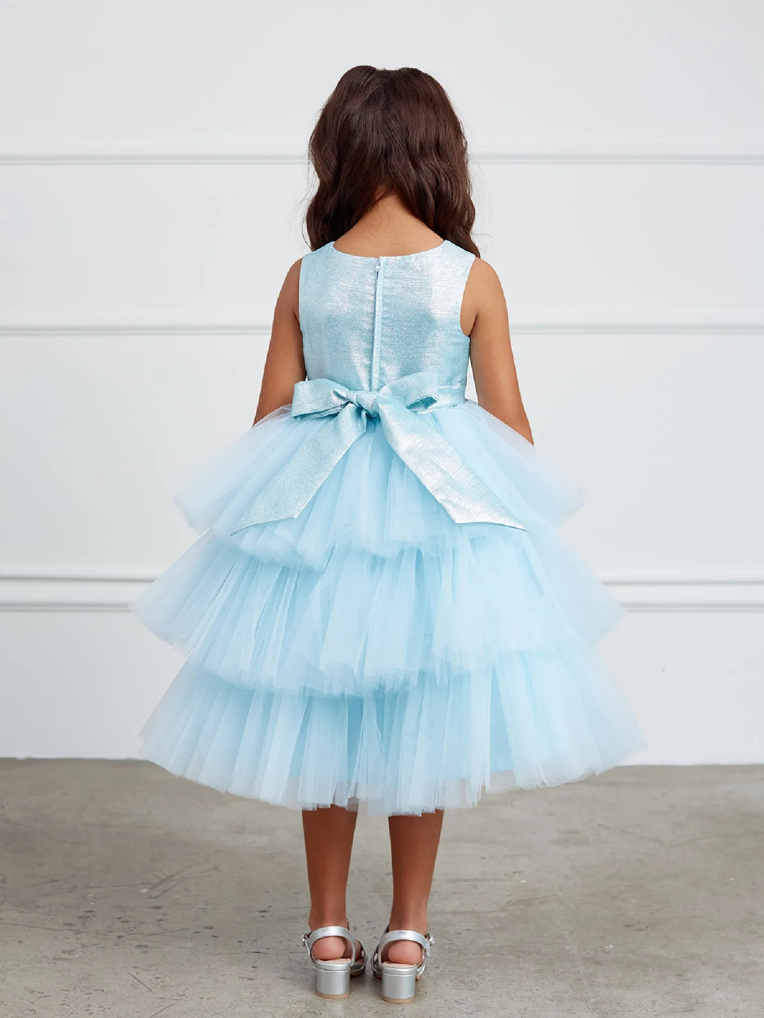 Big Girls Sky Blue Metallic Glitter Layered Tulle Junior Bridesmaid Dress 8-12