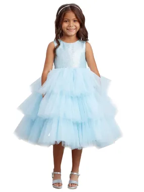 Big Girls Sky Blue Metallic Glitter Layered Tulle Junior Bridesmaid Dress 8-12