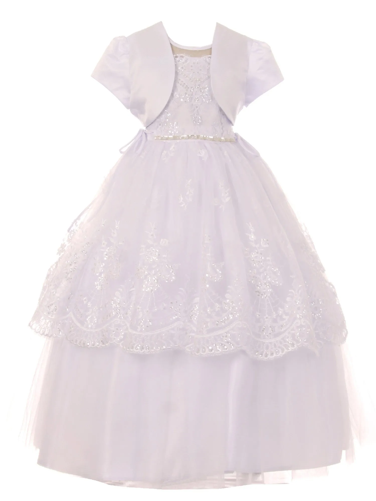 Big Girls White Pearl Sequin Floral Lace Tulle Satin Bolero Communion Dress 7-20