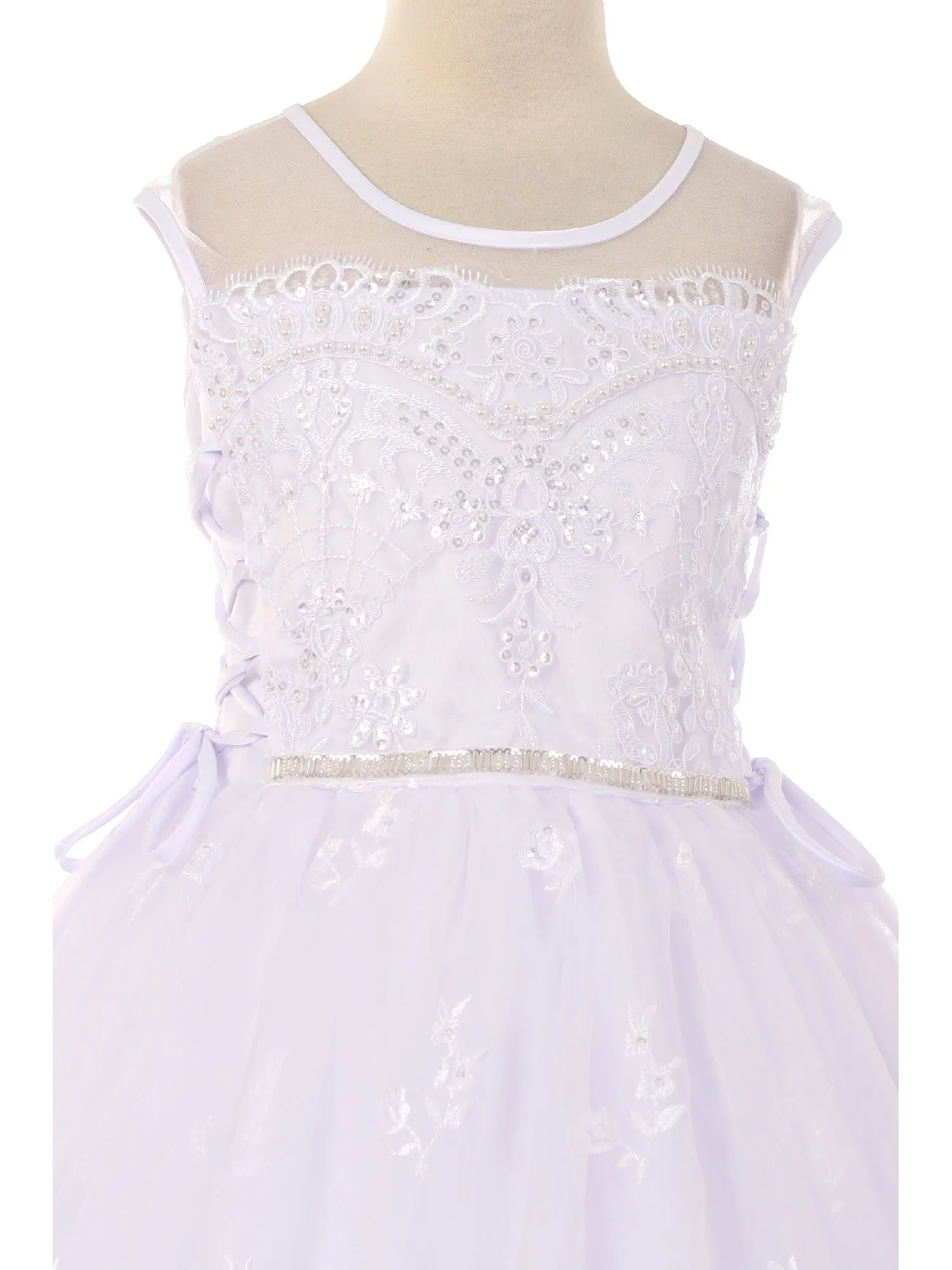 Big Girls White Pearl Sequin Floral Lace Tulle Satin Bolero Communion Dress 7-20