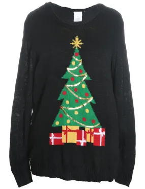 Black Christmas Tree Design Knit Jumper - XL