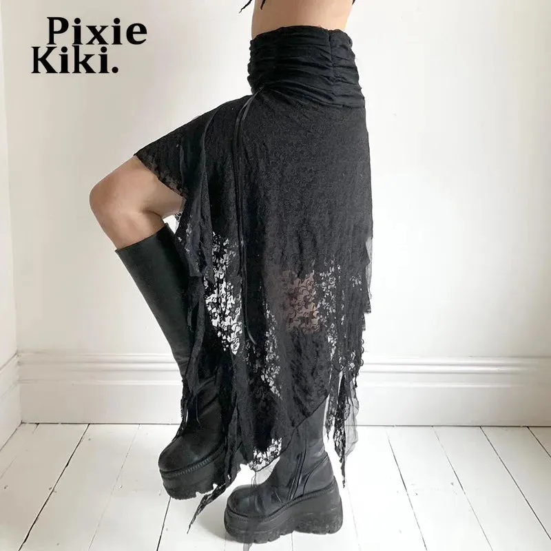 Black Lace Long Skirt Low Rise Trashy Y2k 2000s Asymmetrical Skirts Summer 2024 Women Bottoms P67-EZ20