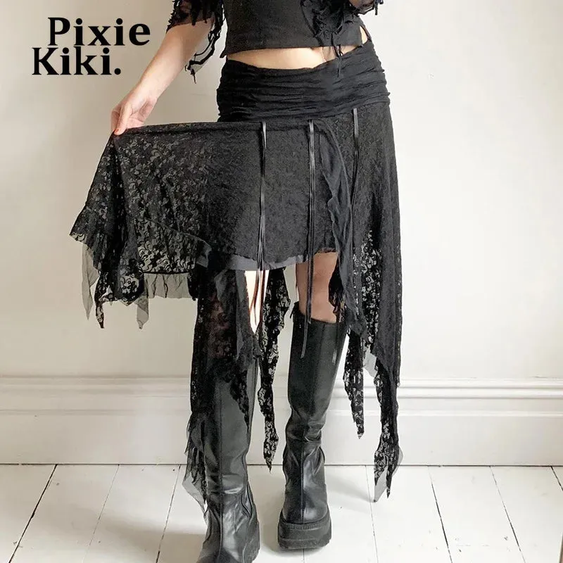 Black Lace Long Skirt Low Rise Trashy Y2k 2000s Asymmetrical Skirts Summer 2024 Women Bottoms P67-EZ20