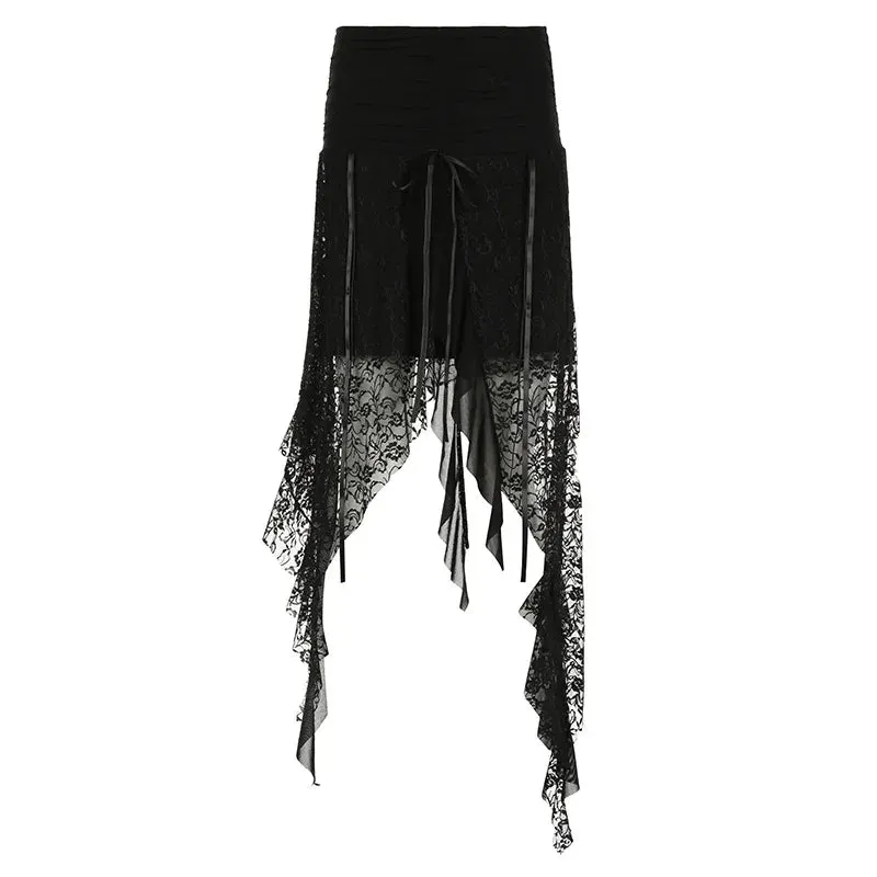 Black Lace Long Skirt Low Rise Trashy Y2k 2000s Asymmetrical Skirts Summer 2024 Women Bottoms P67-EZ20