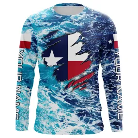 Blue Sea Wave Ocean Camo Texas Flag Patriot Shirt Custom Fishing 3D Long Sleeve Shirts