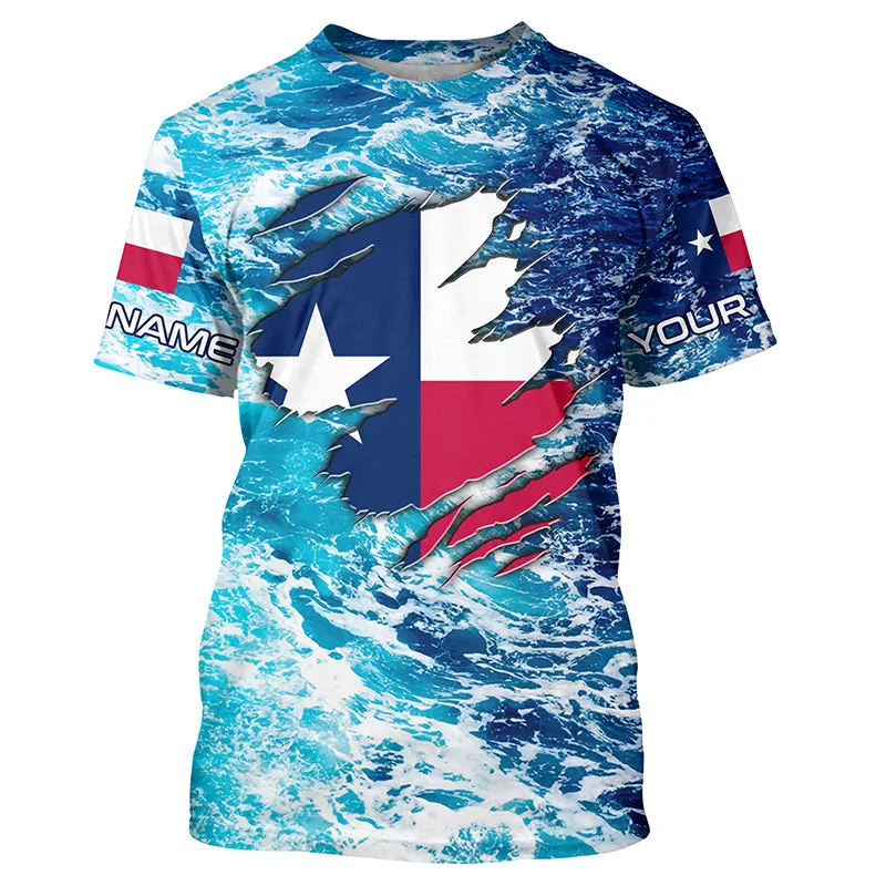 Blue Sea Wave Ocean Camo Texas Flag Patriot Shirt Custom Fishing 3D Long Sleeve Shirts