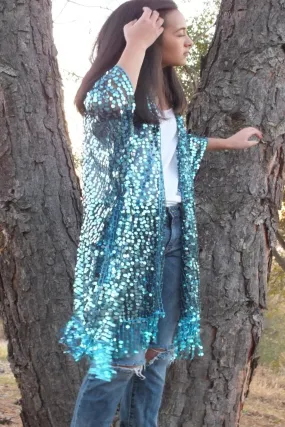 Blue Turquoise Round Sequin Caftan Kimono Top One Size