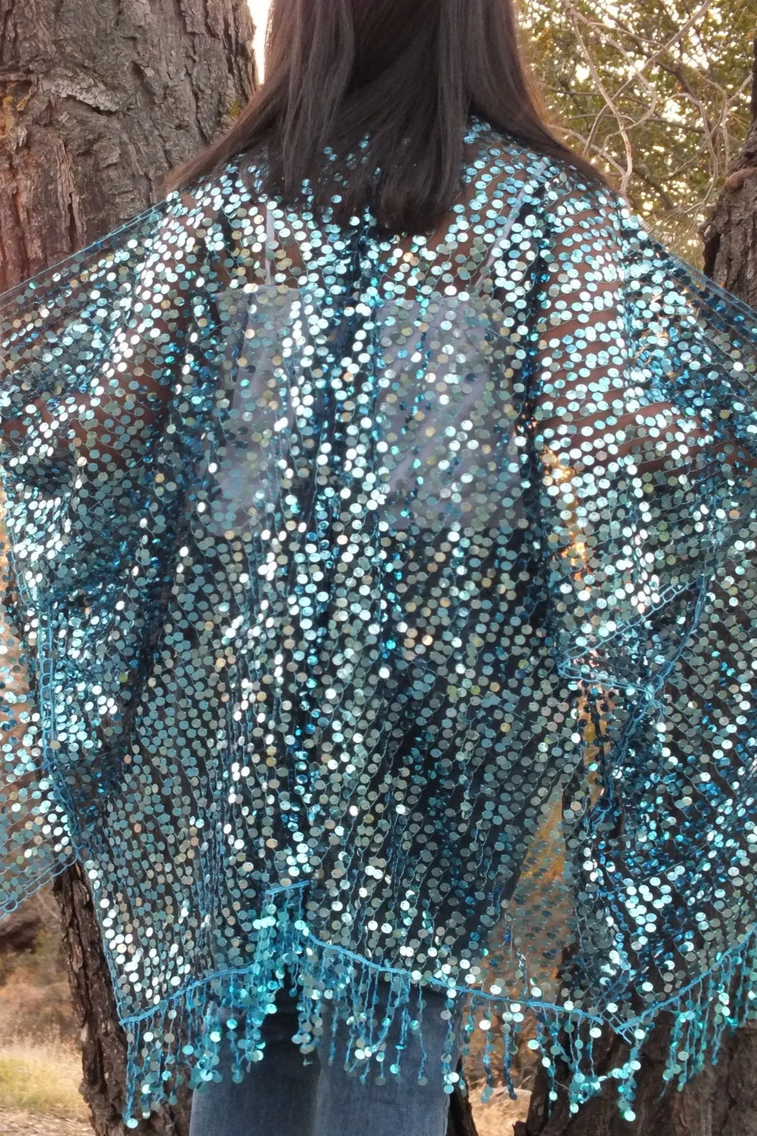 Blue Turquoise Round Sequin Caftan Kimono Top One Size