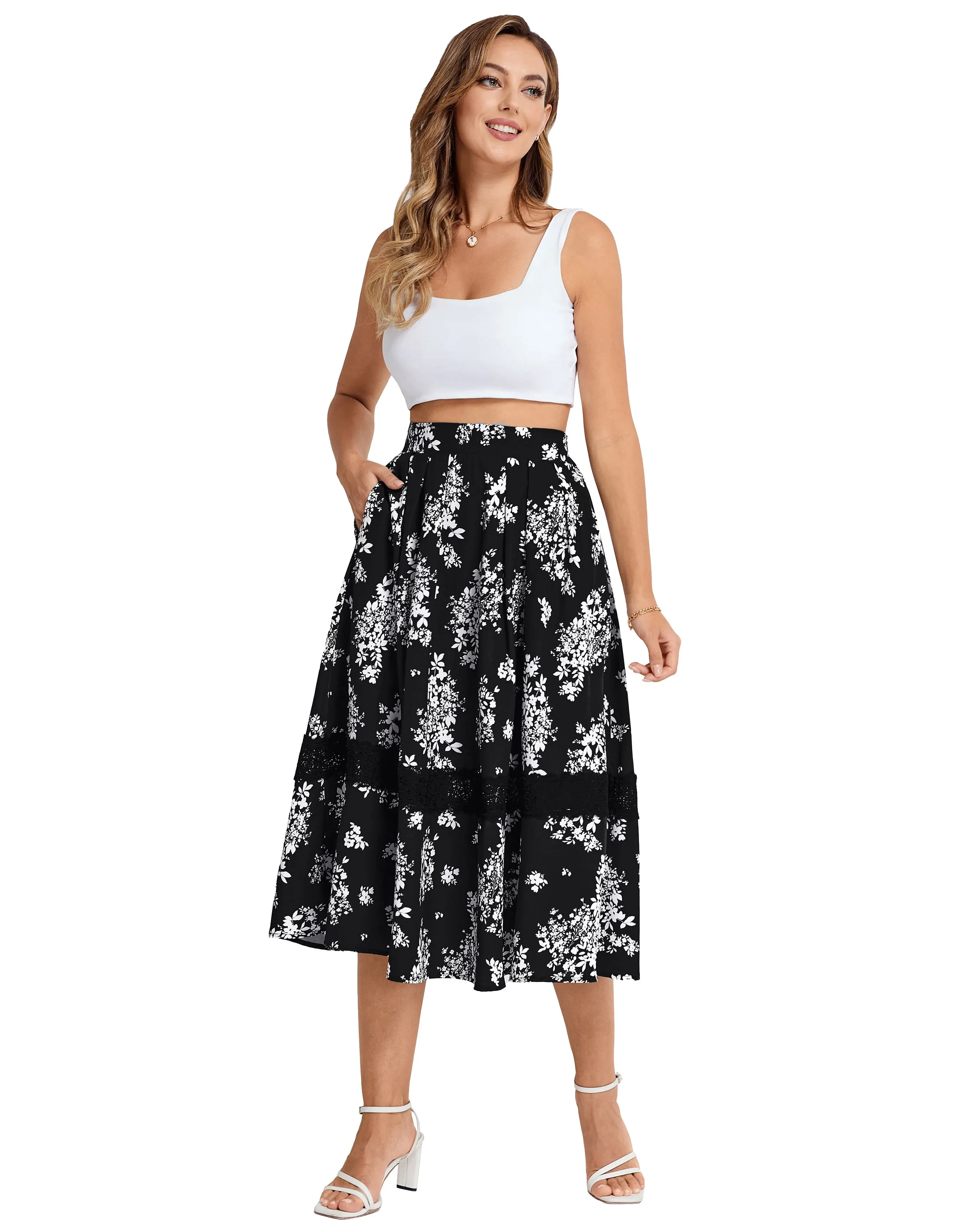 BP Women Vintage Swing Skirt Elastic Waist Mid-Calf Flared A-Line Skirt