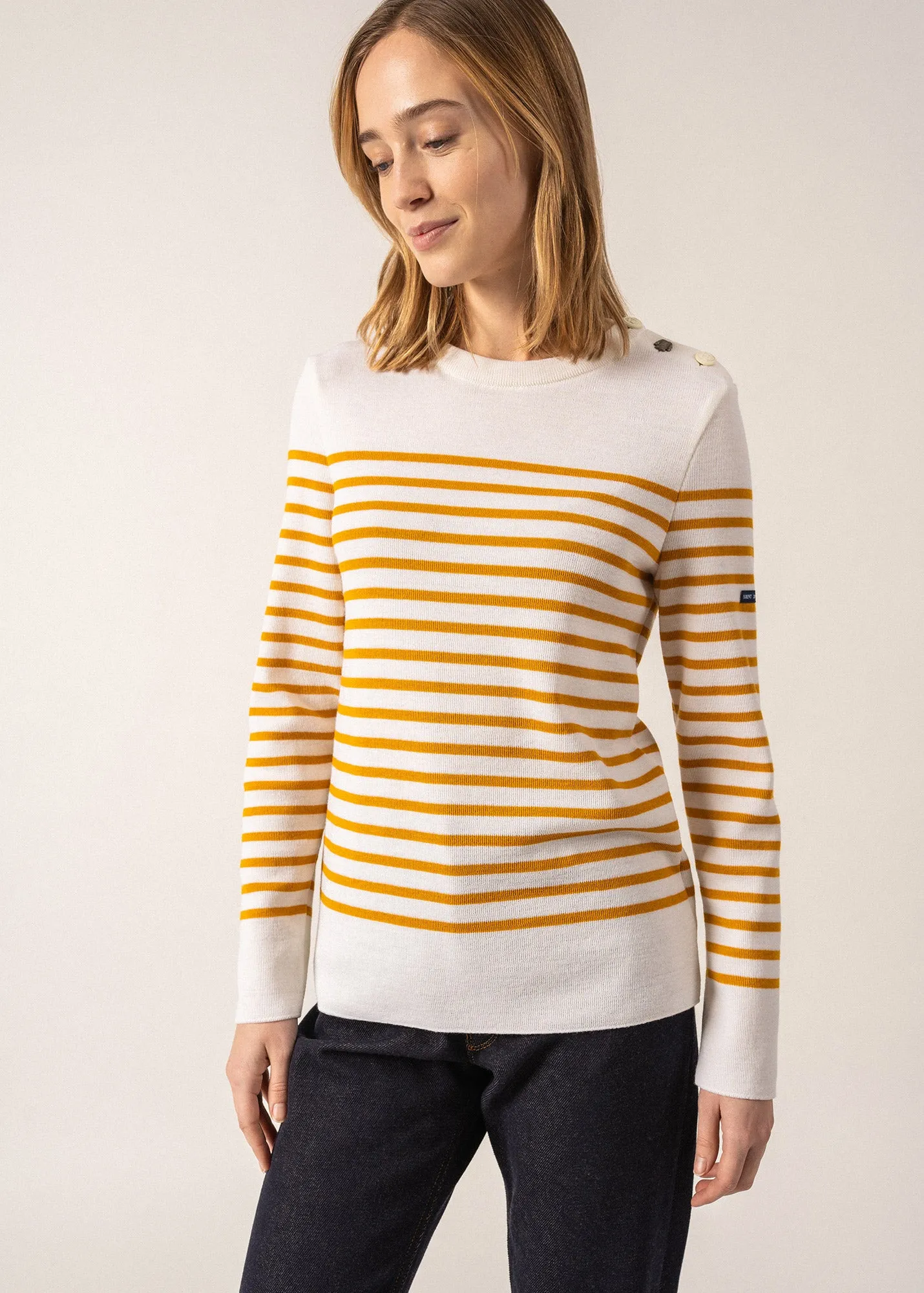 Brégançon striped sailor jumper - with contrasting elbow patches (BLANC/AMBRE/JEAN)