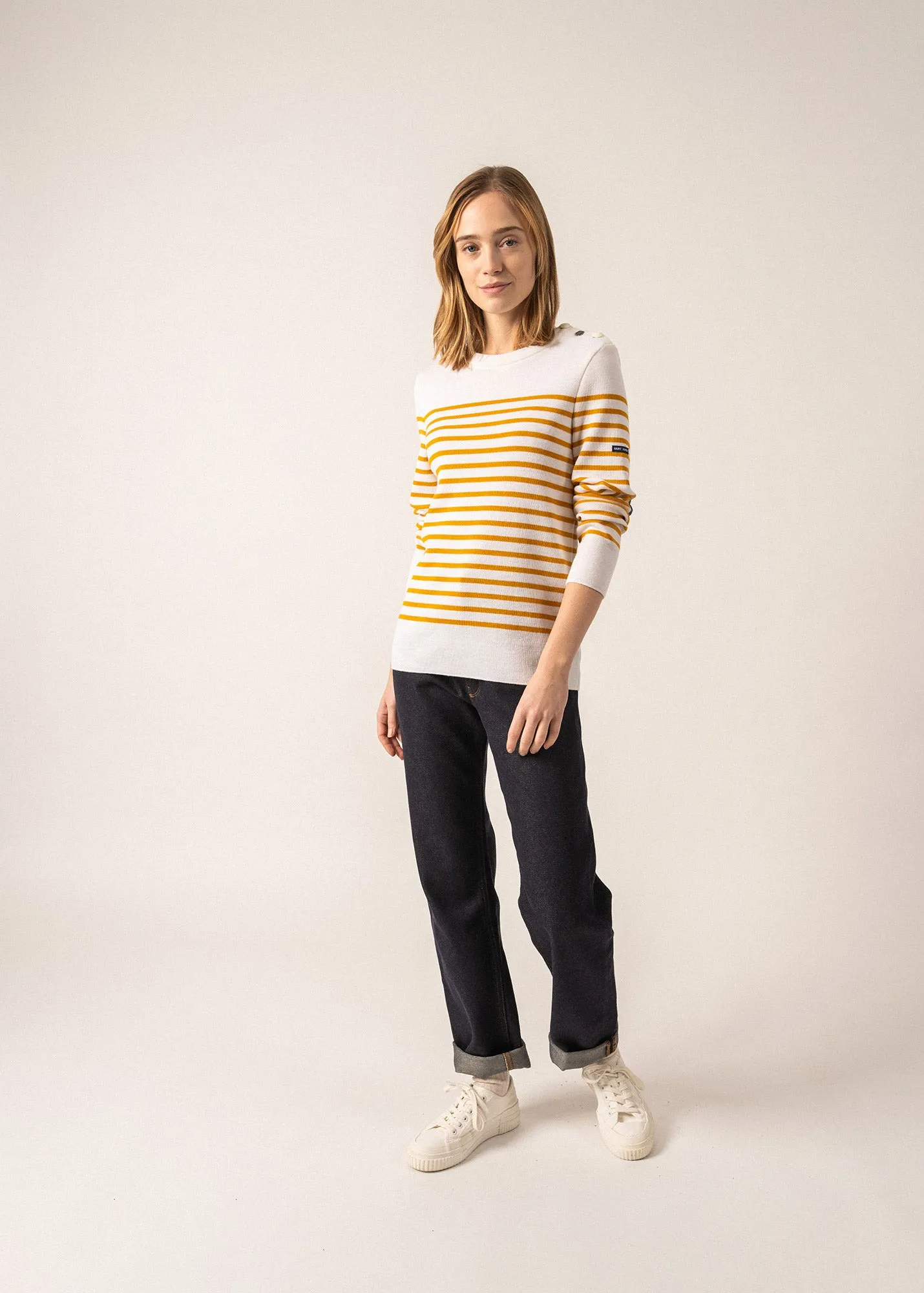 Brégançon striped sailor jumper - with contrasting elbow patches (BLANC/AMBRE/JEAN)