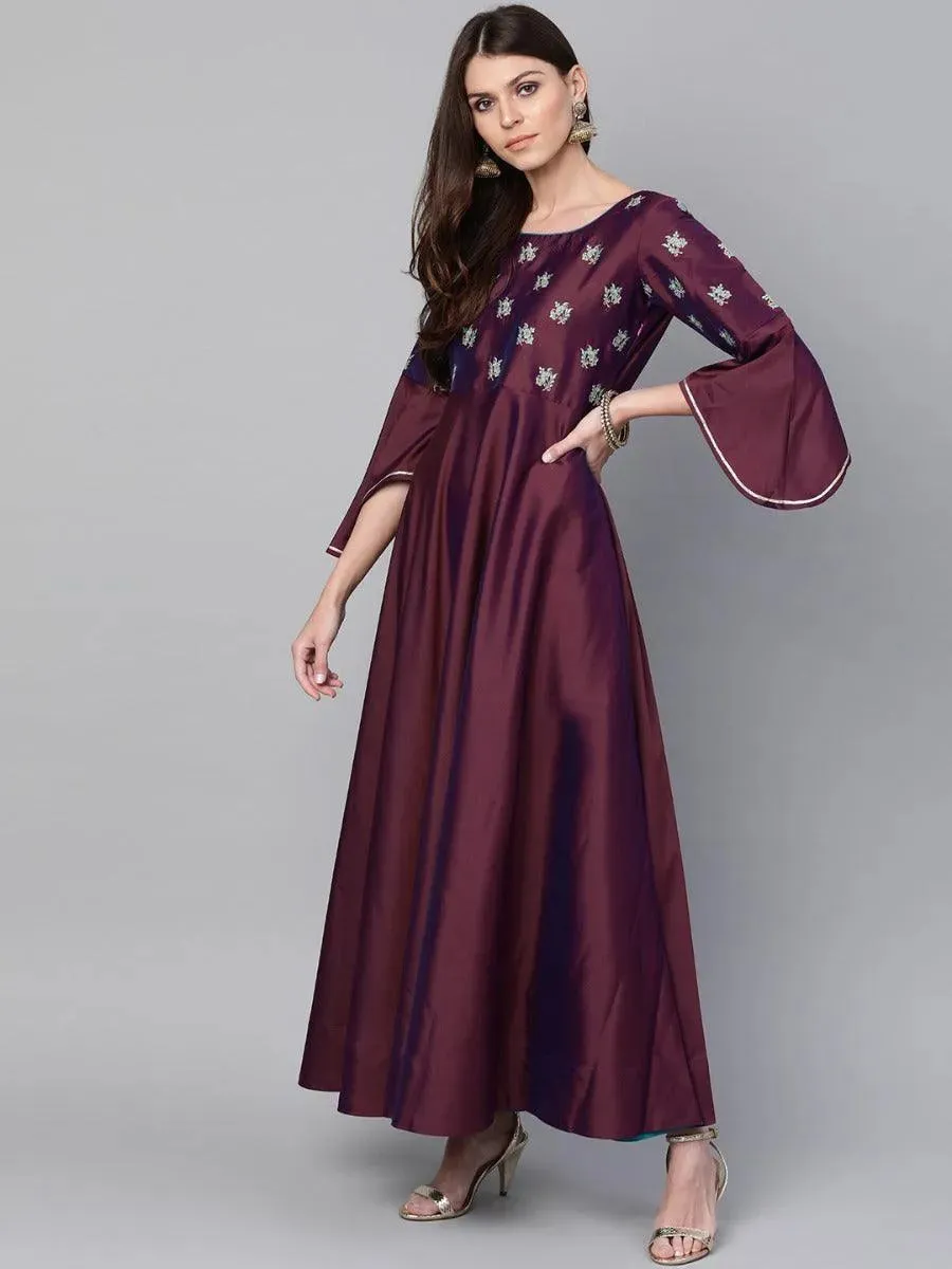 Burgundy Embroidered Chanderi Dress With Dupatta