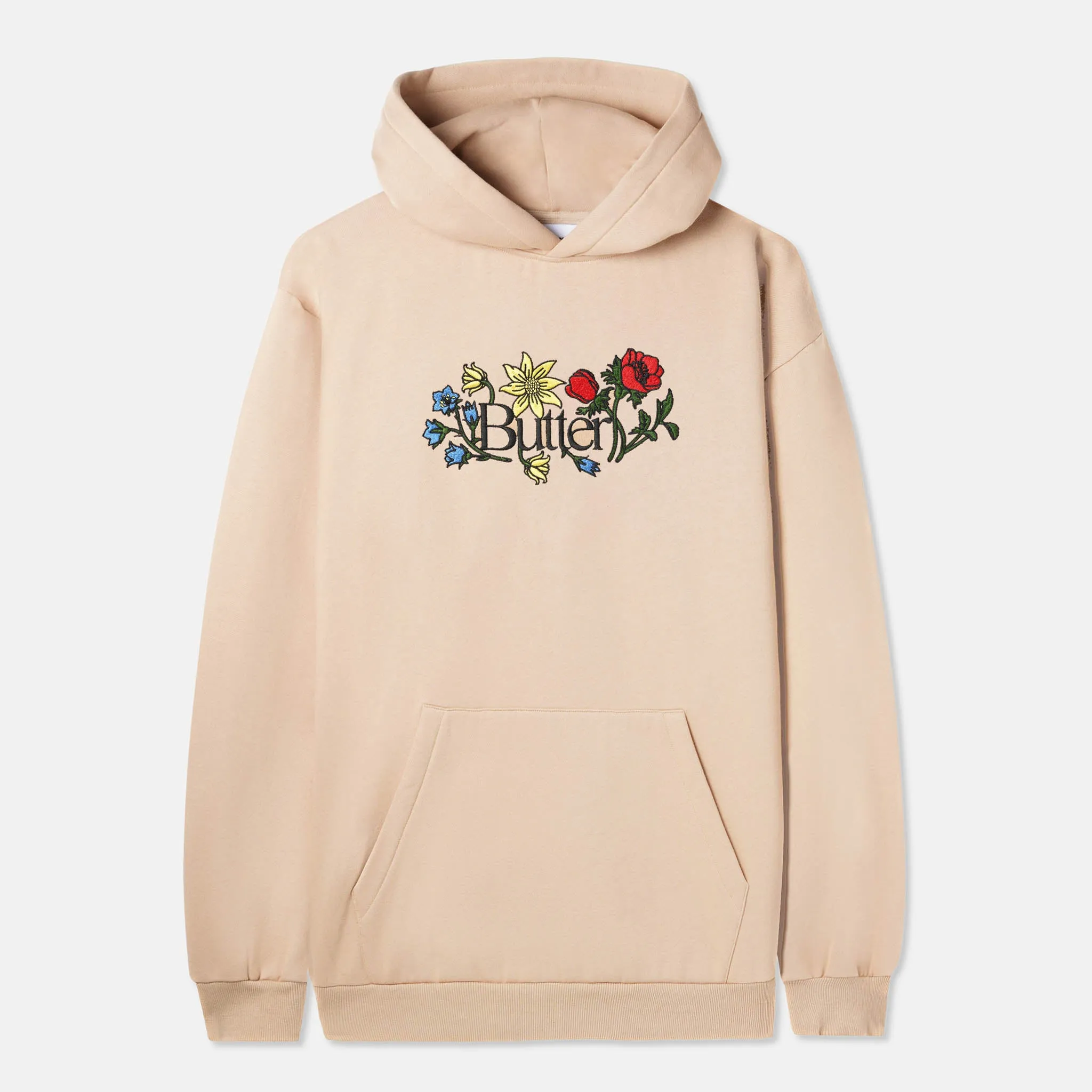 Butter Goods - Floral Embroidered Pullover Hooded Sweatshirt - Tan