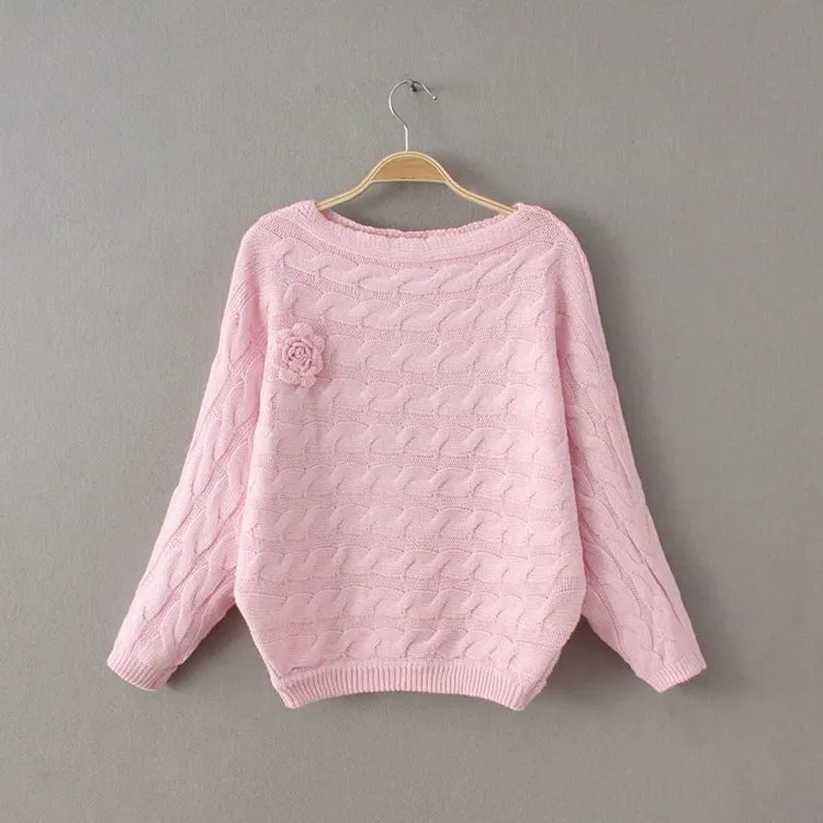 Cable Flower Knit Thick Pullover Short Sweater