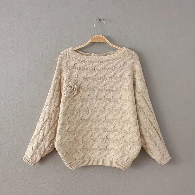 Cable Flower Knit Thick Pullover Short Sweater