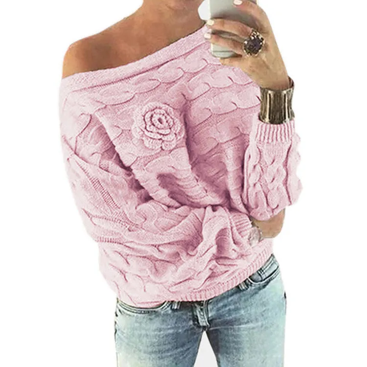 Cable Flower Knit Thick Pullover Short Sweater