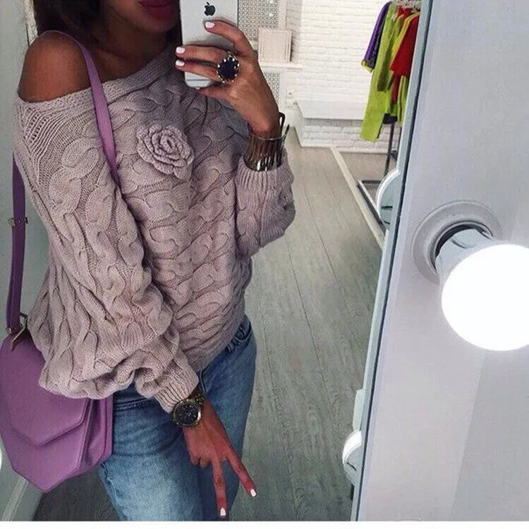 Cable Flower Knit Thick Pullover Short Sweater