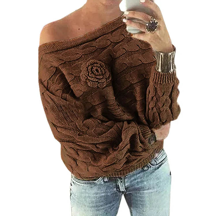 Cable Flower Knit Thick Pullover Short Sweater