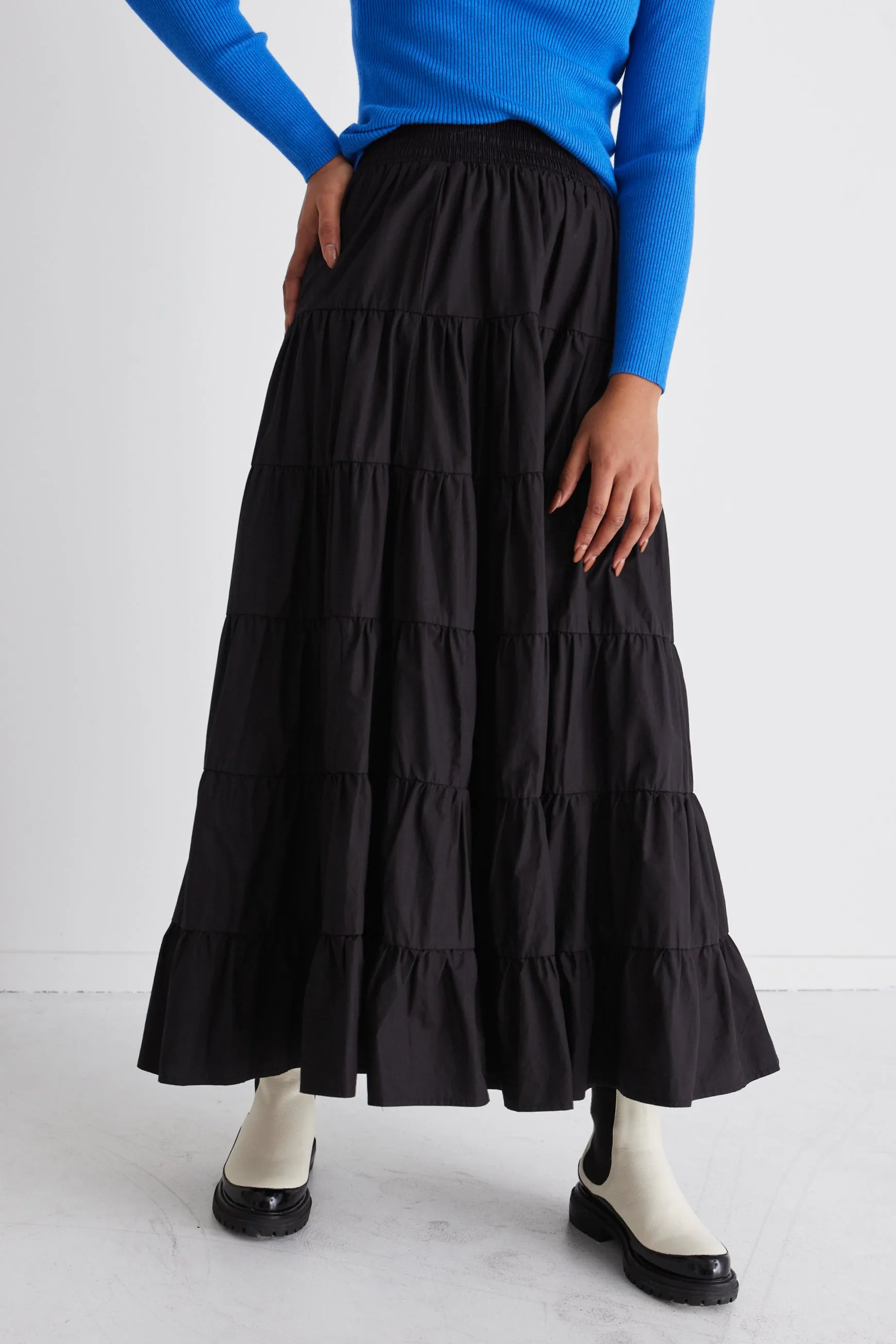 Castro Black Cotton Poplin Multi Tiered Maxi Skirt