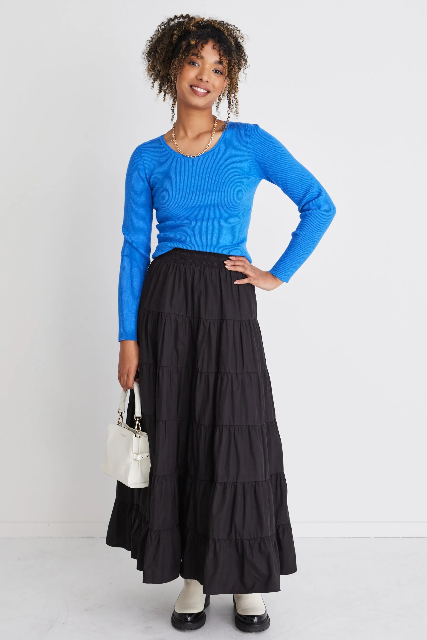 Castro Black Cotton Poplin Multi Tiered Maxi Skirt