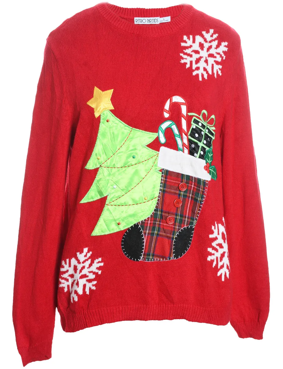 Christmas Tree Design Red Appliqued Jumper - L