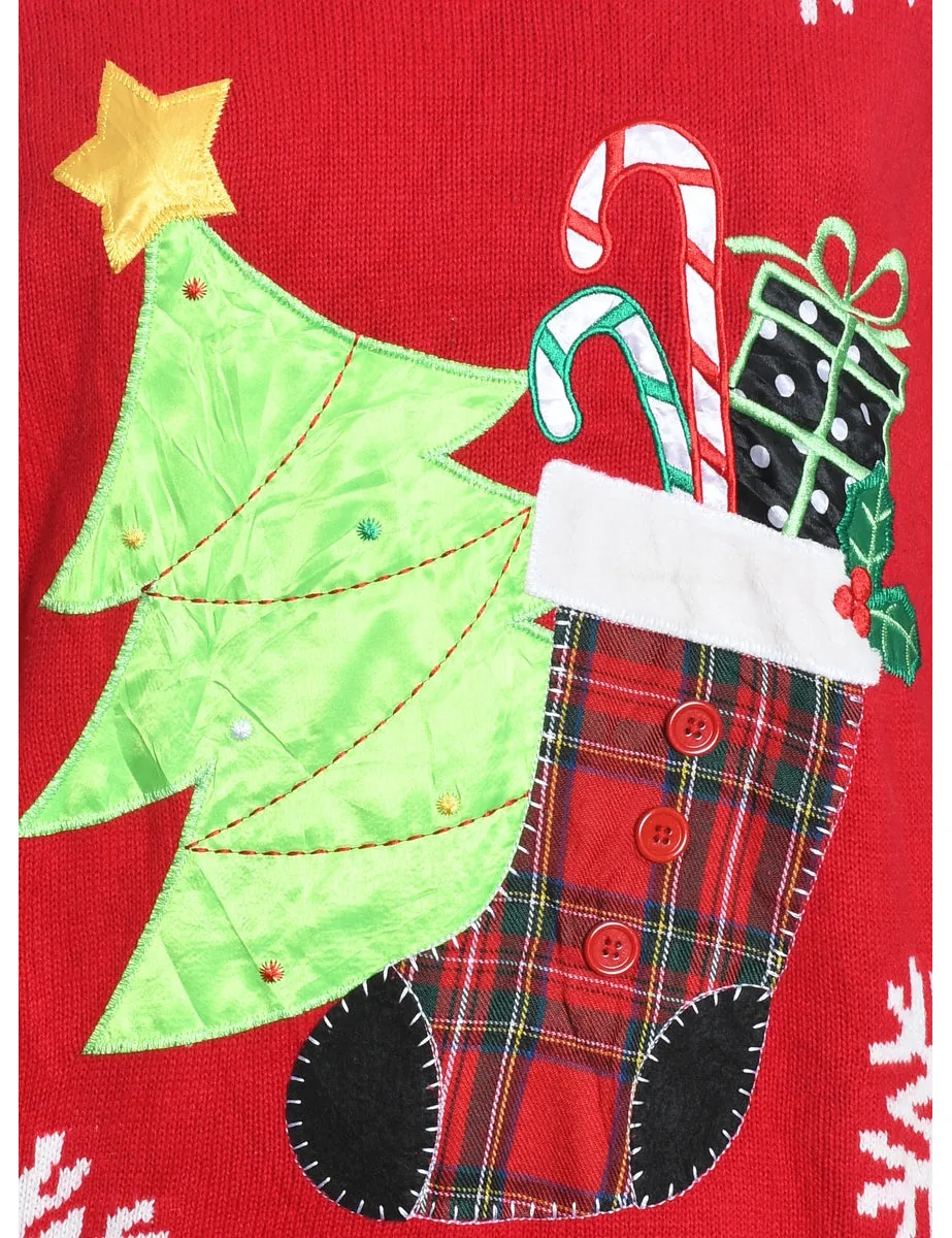 Christmas Tree Design Red Appliqued Jumper - L