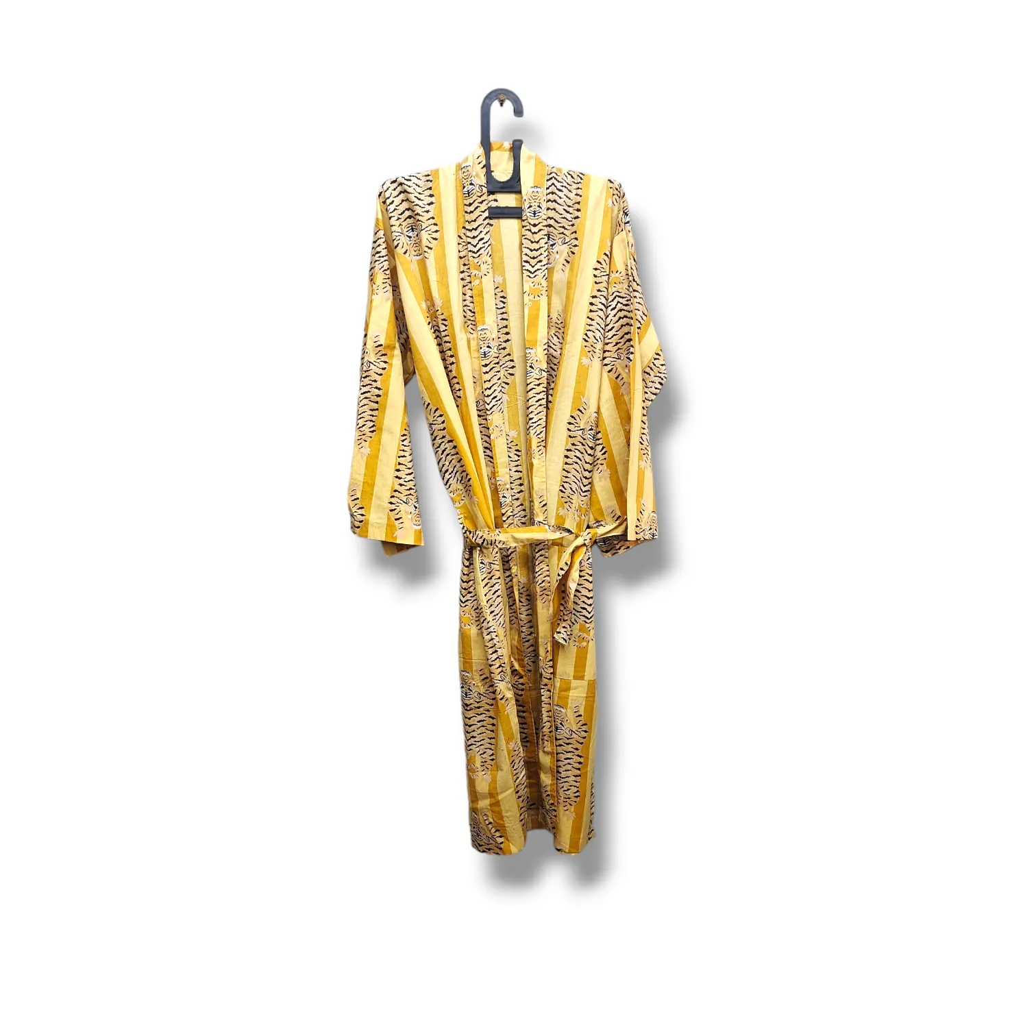 Cotton Hand Printed Kimono Robe Tiger Stripes Yellow