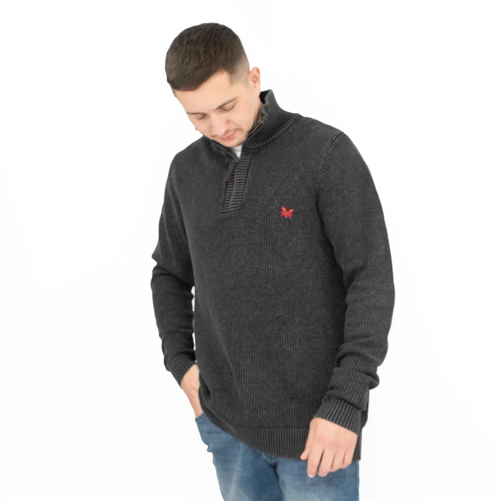 Crew Clothing Mens Jumper Half Zip Chunky Knit Rib Black