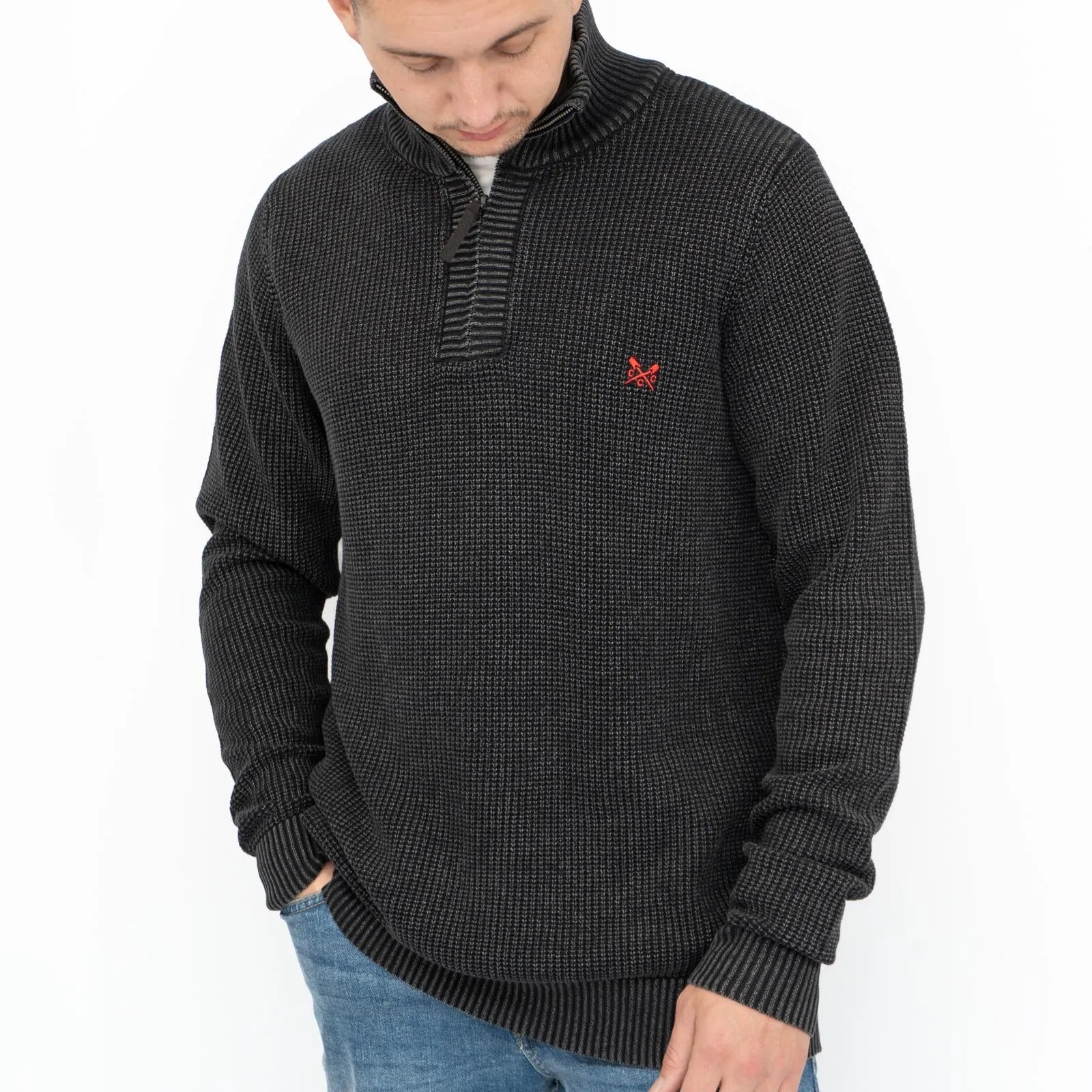 Crew Clothing Mens Jumper Half Zip Chunky Knit Rib Black