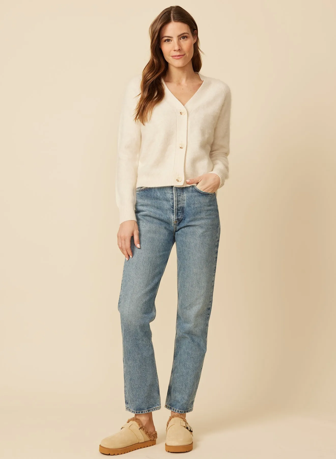 Curtis Brushed Cashmere Cardigan - Pearl