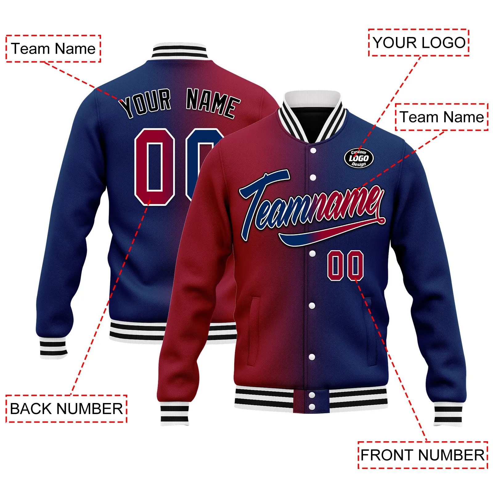 Custom Gradient Fashion Jacket Bomber Full-Snap Varsity Letterman Personalized Jacket FZ005-D028016-3