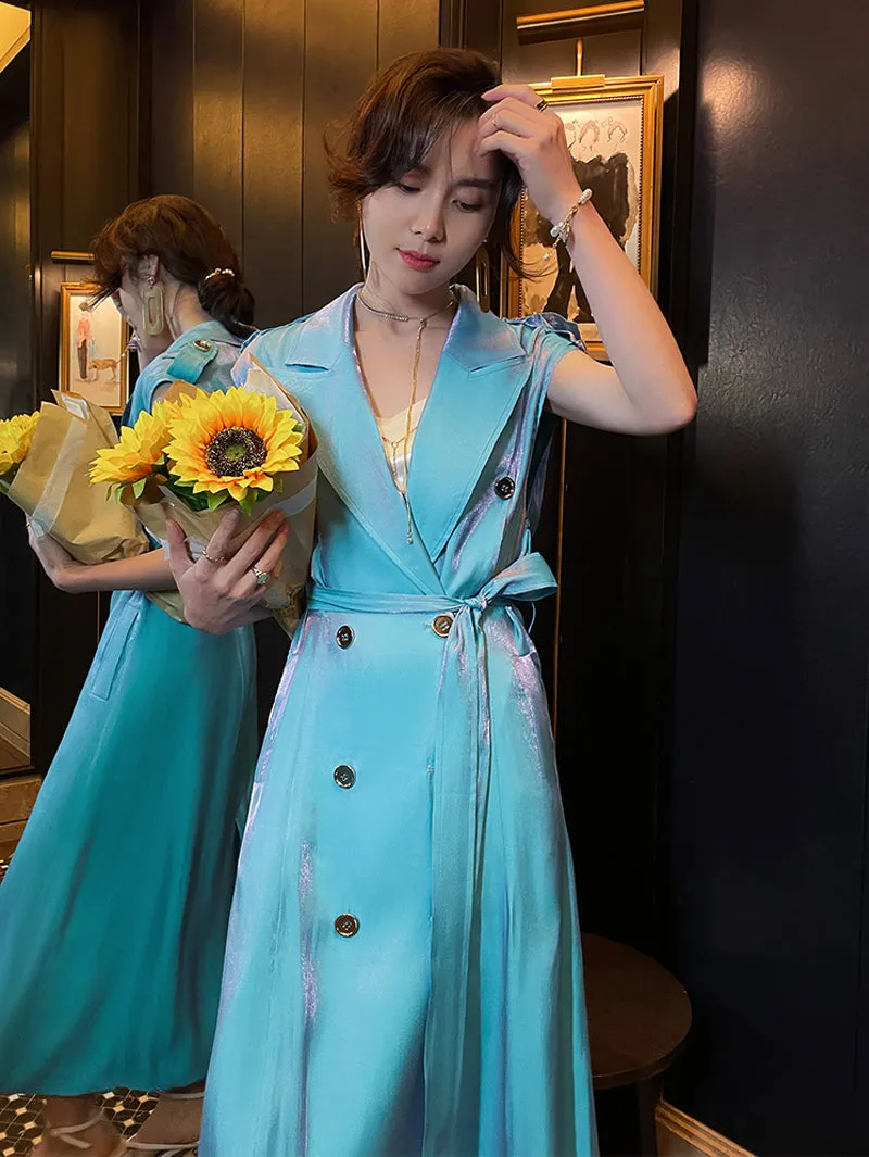 Design French light luxury sky blue suit collar sleeveless windbreaker vest long dress- Dio