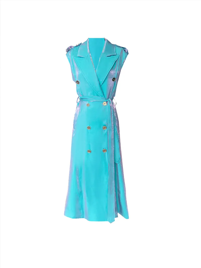 Design French light luxury sky blue suit collar sleeveless windbreaker vest long dress- Dio