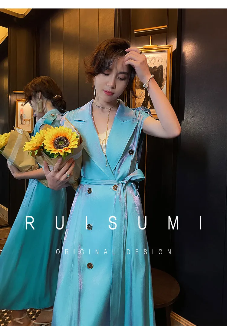 Design French light luxury sky blue suit collar sleeveless windbreaker vest long dress- Dio