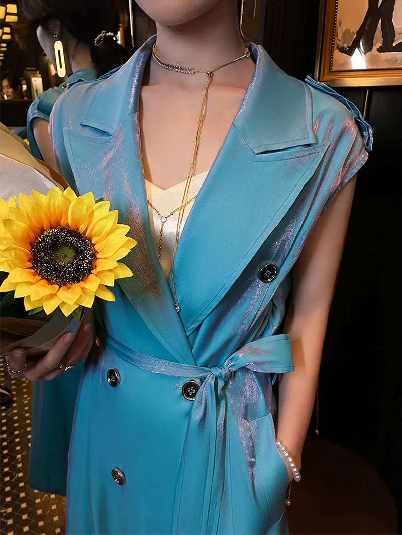 Design French light luxury sky blue suit collar sleeveless windbreaker vest long dress- Dio