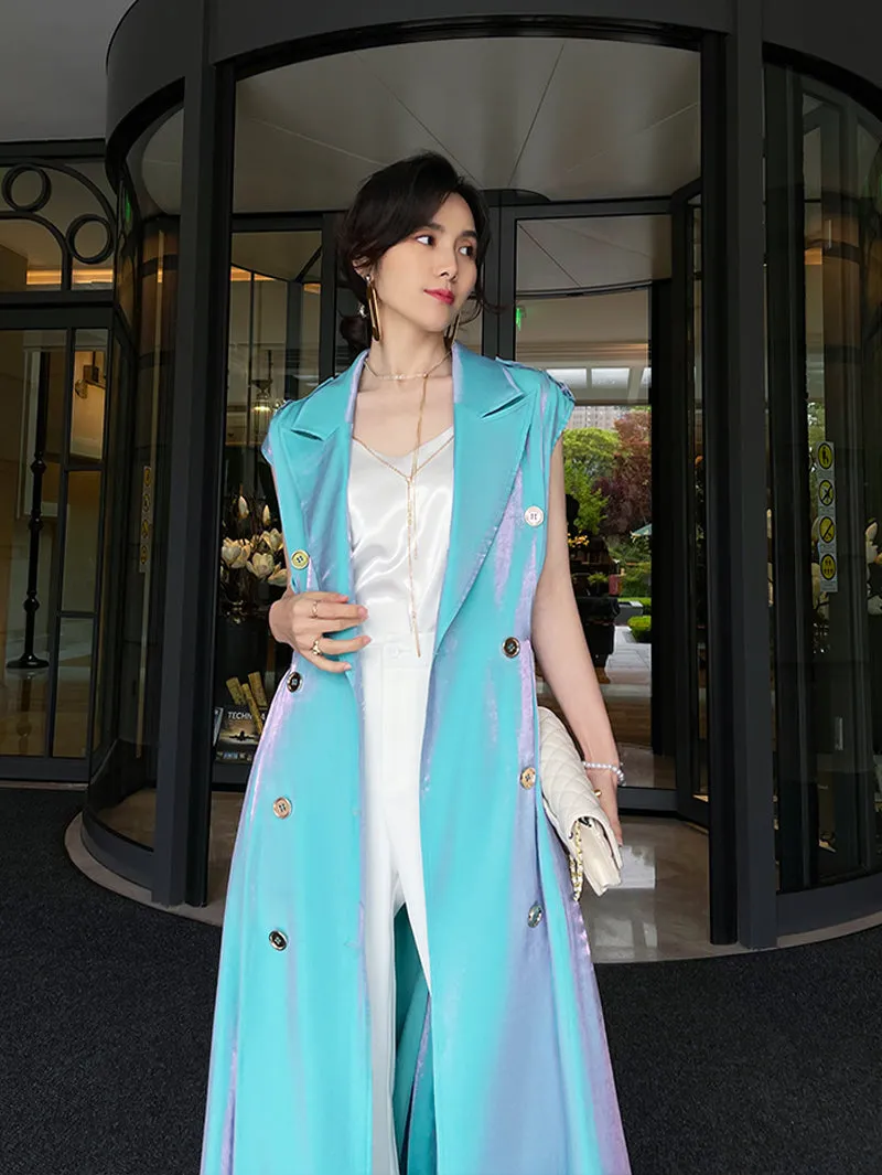 Design French light luxury sky blue suit collar sleeveless windbreaker vest long dress- Dio