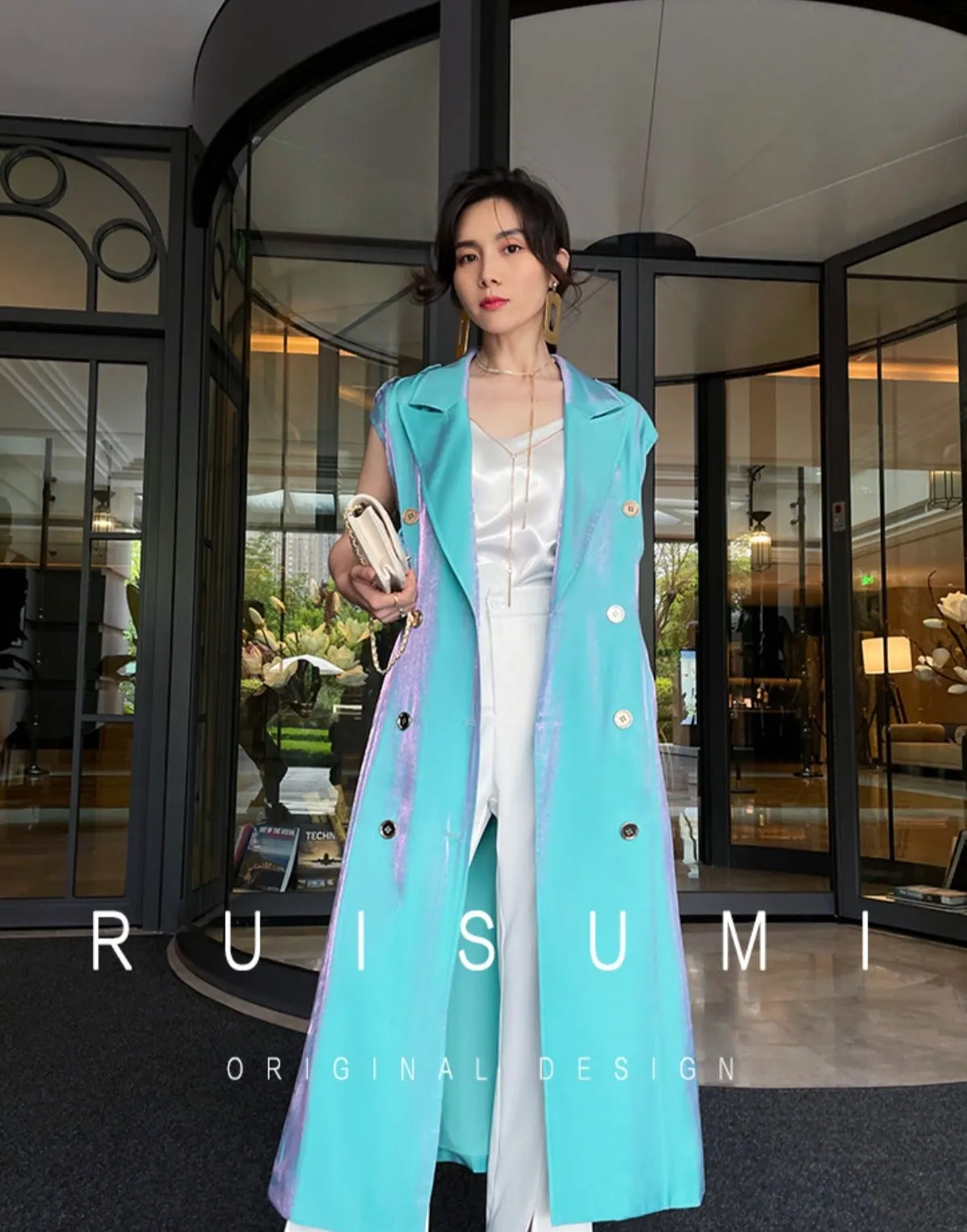 Design French light luxury sky blue suit collar sleeveless windbreaker vest long dress- Dio