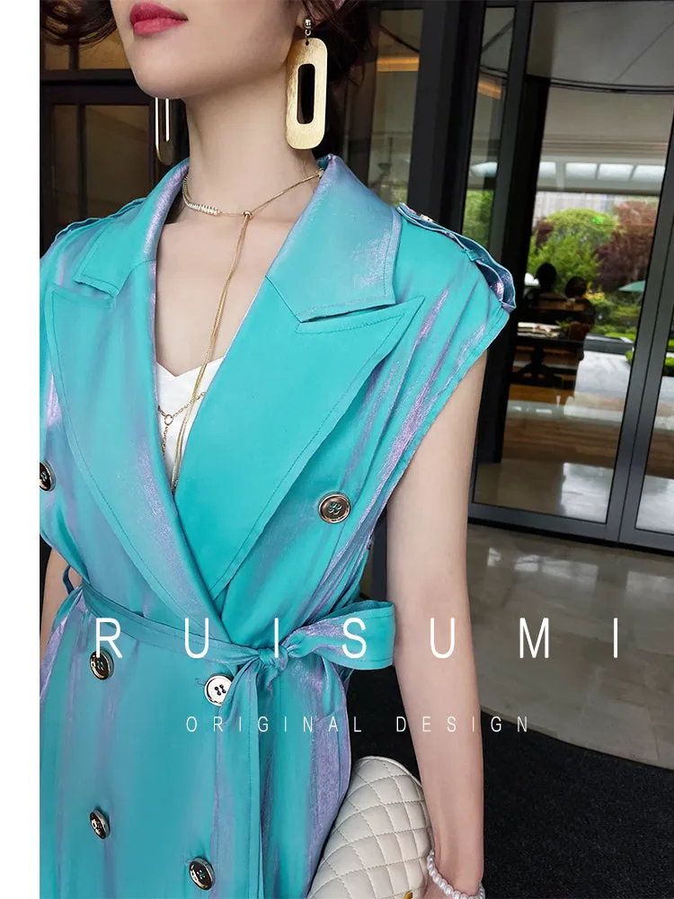 Design French light luxury sky blue suit collar sleeveless windbreaker vest long dress- Dio