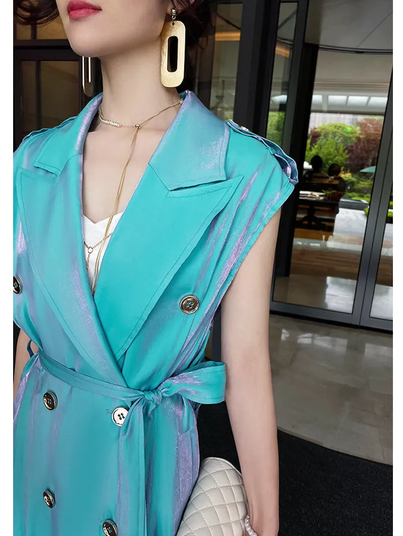 Design French light luxury sky blue suit collar sleeveless windbreaker vest long dress- Dio