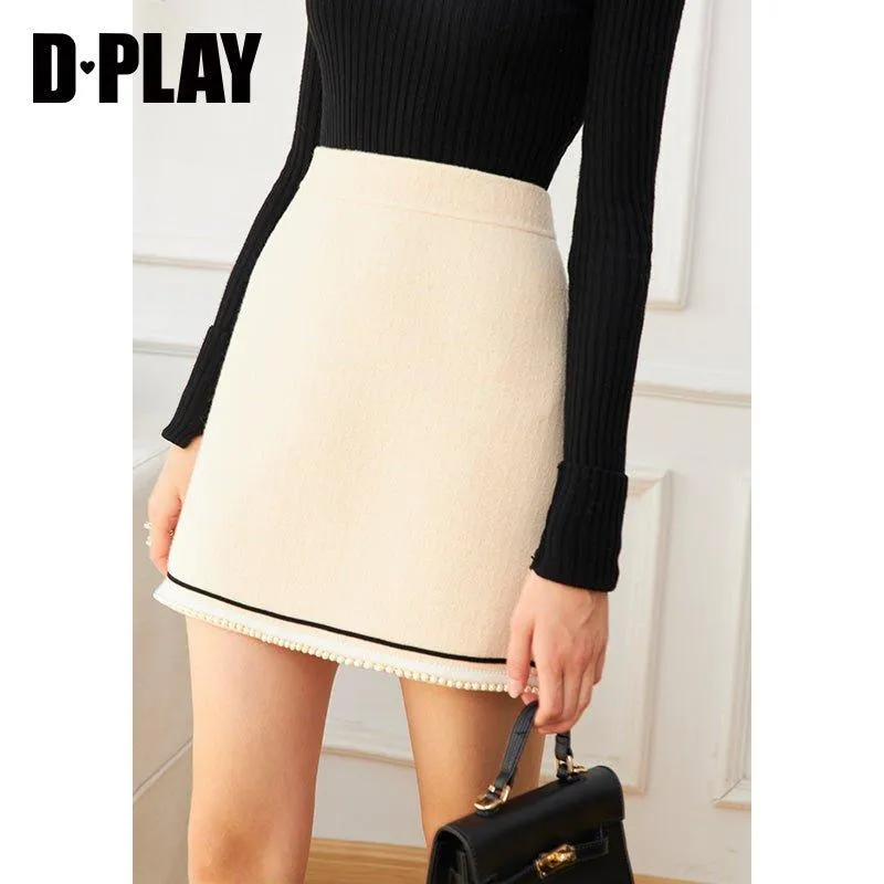 DPLAY fall Winter wool Beige Pearl Skirt - Tios