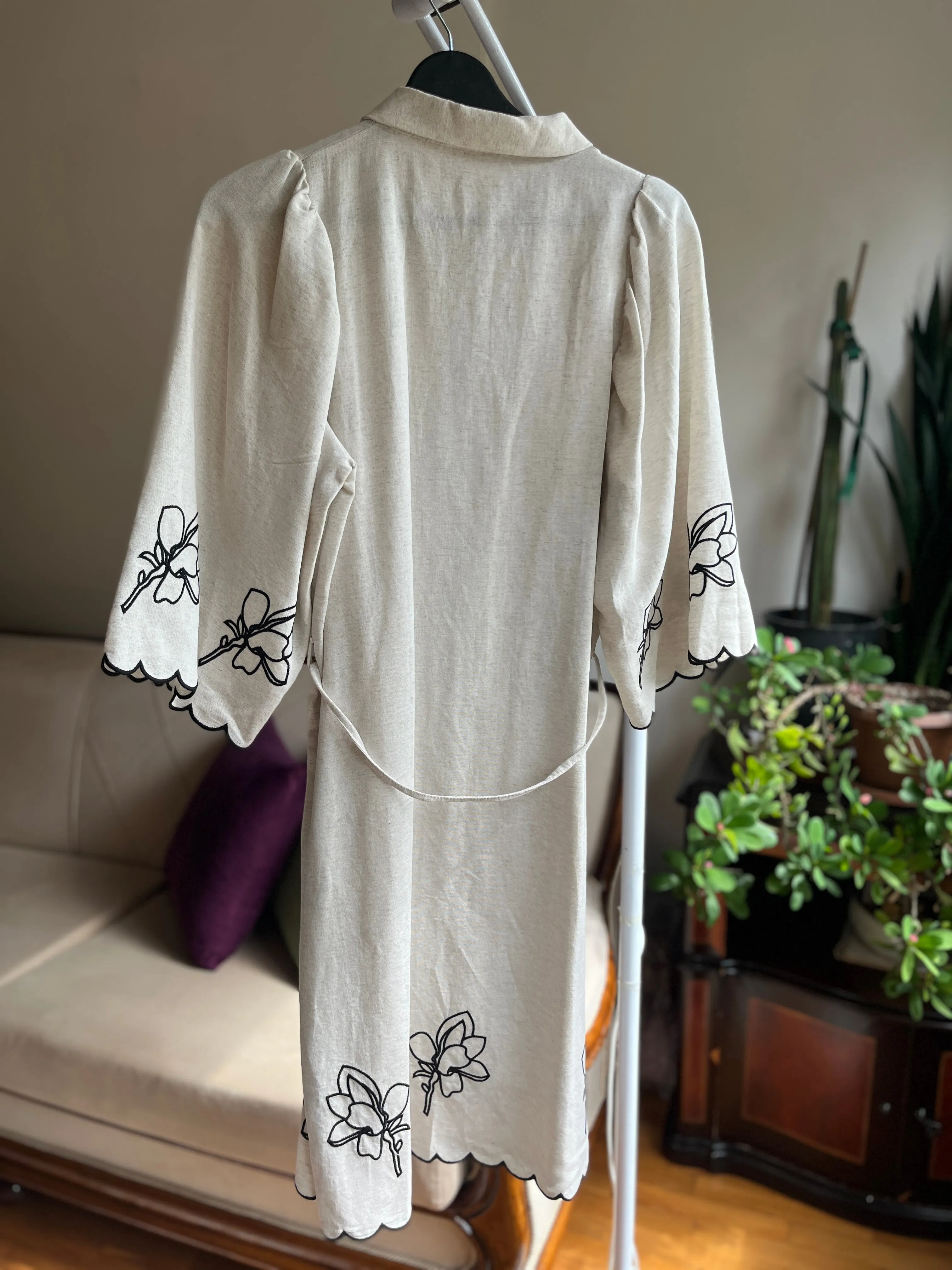 Elegant Women's Beige Floral Embroidery Linen Blend Maxi Dress with 3/4 Sleeves