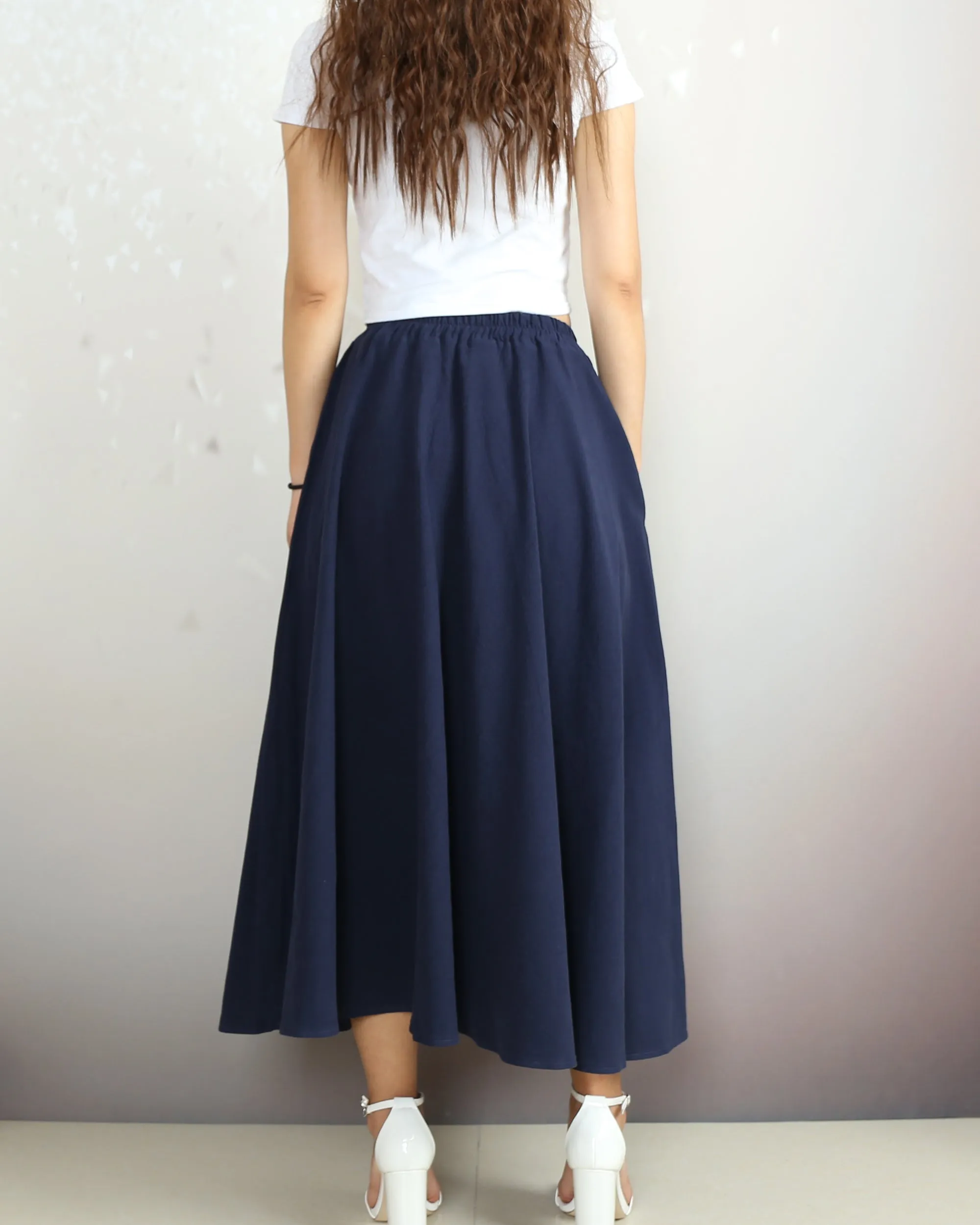 Flared skirt, Linen skirt, Elastic waist skirt, Boho skirt with pockets, high waist skirt(Q1065)