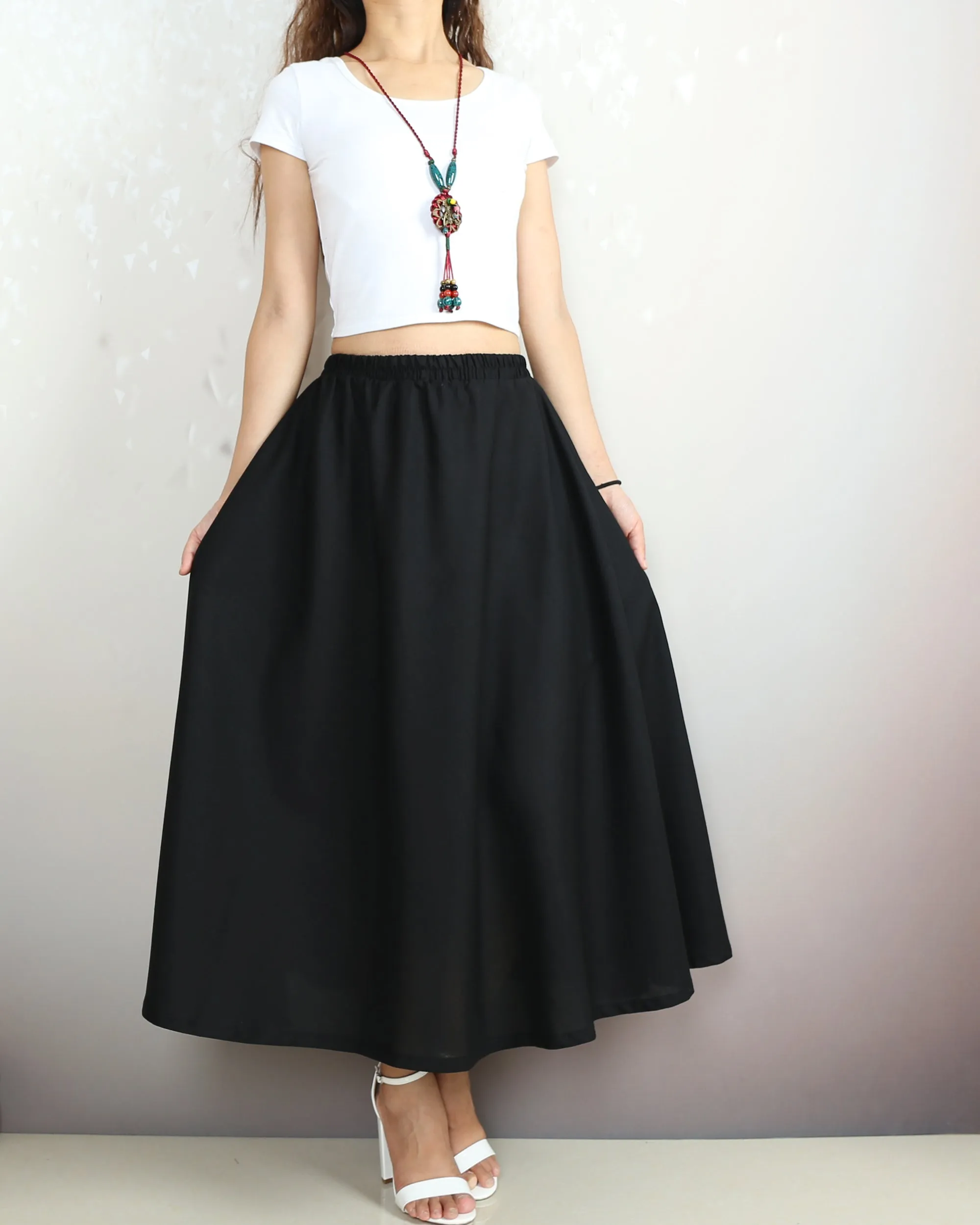 Flared skirt, Linen skirt, Elastic waist skirt, Boho skirt with pockets, high waist skirt(Q1065)