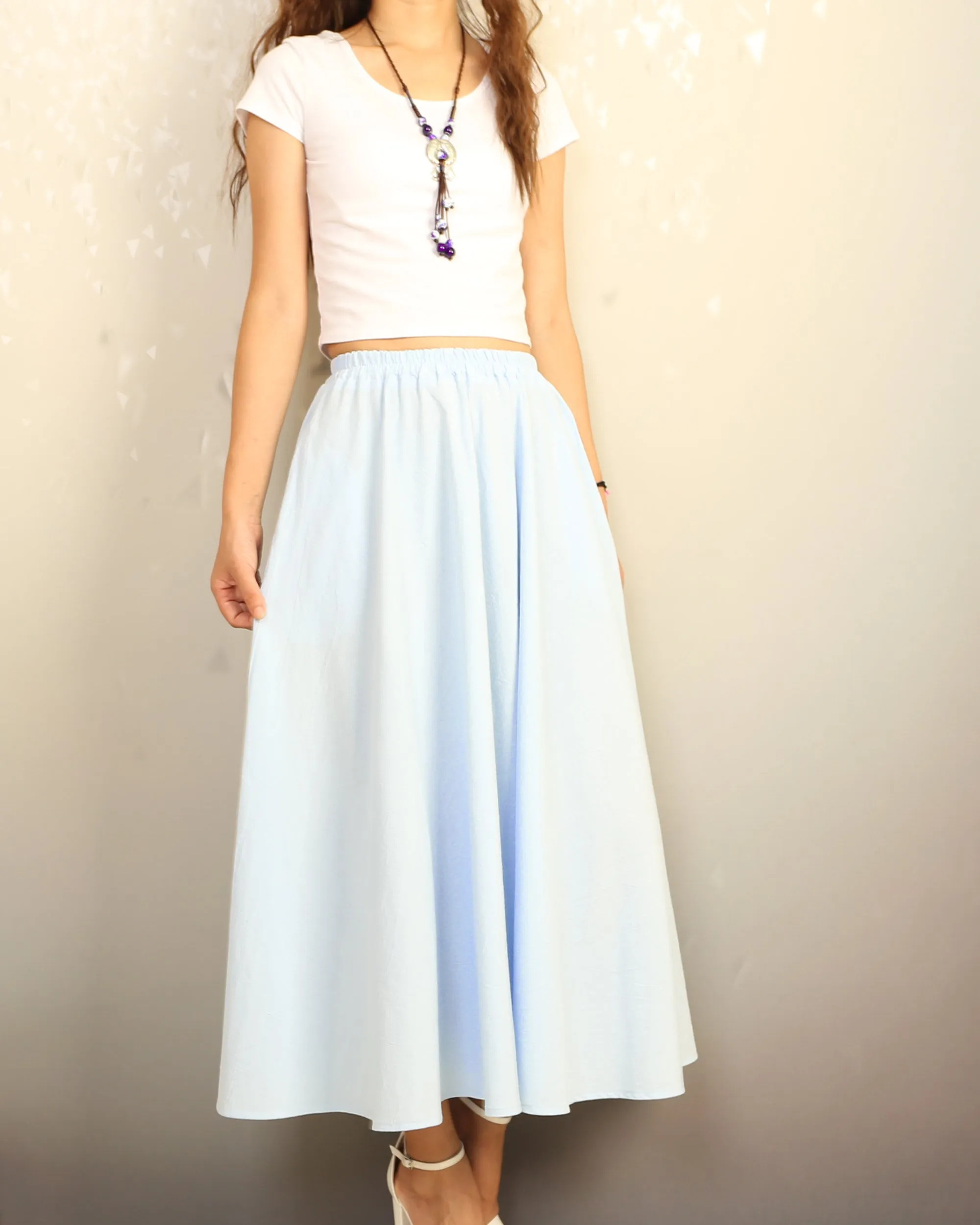 Flared skirt, Linen skirt, Elastic waist skirt, Boho skirt with pockets, high waist skirt(Q1065)