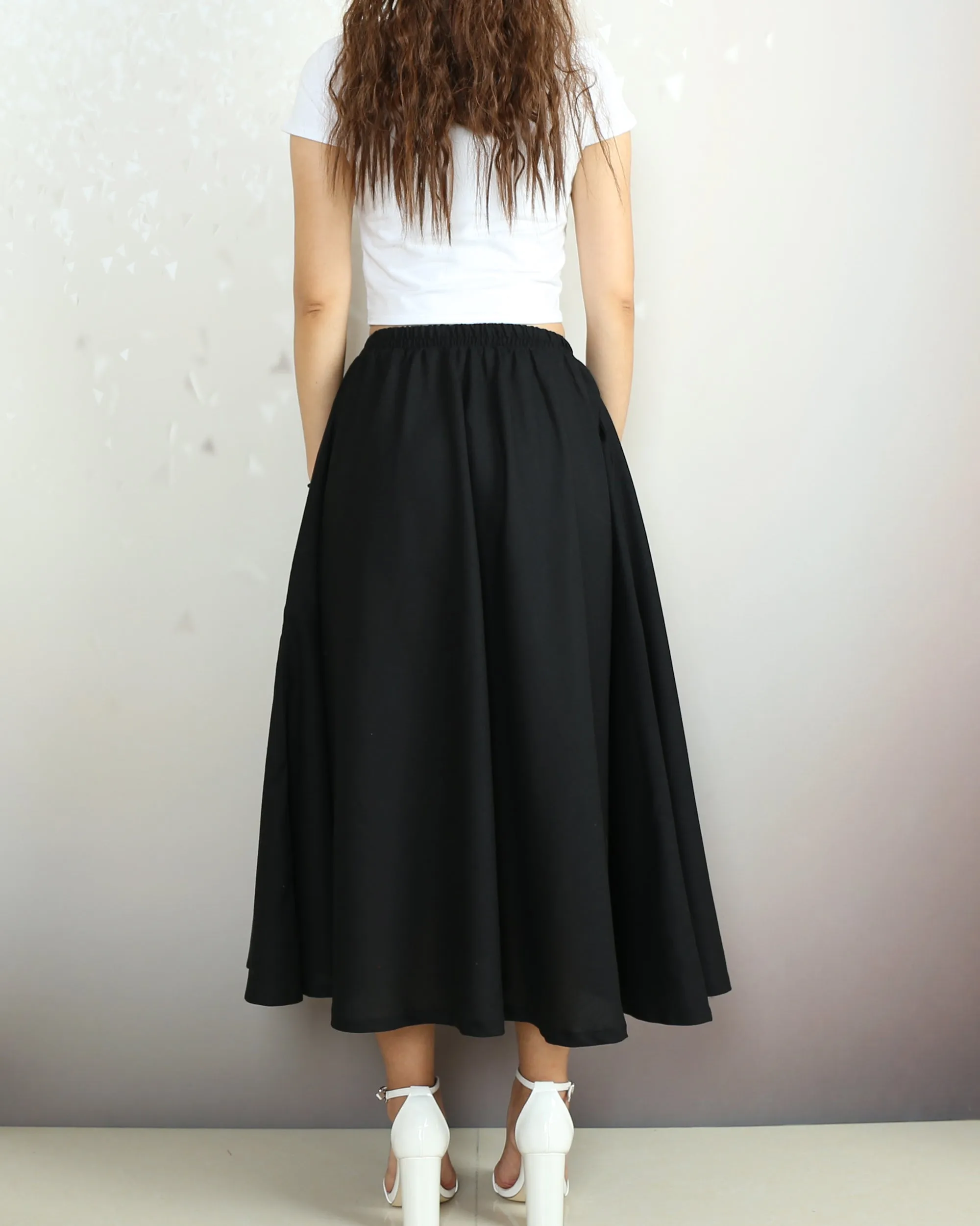 Flared skirt, Linen skirt, Elastic waist skirt, Boho skirt with pockets, high waist skirt(Q1065)