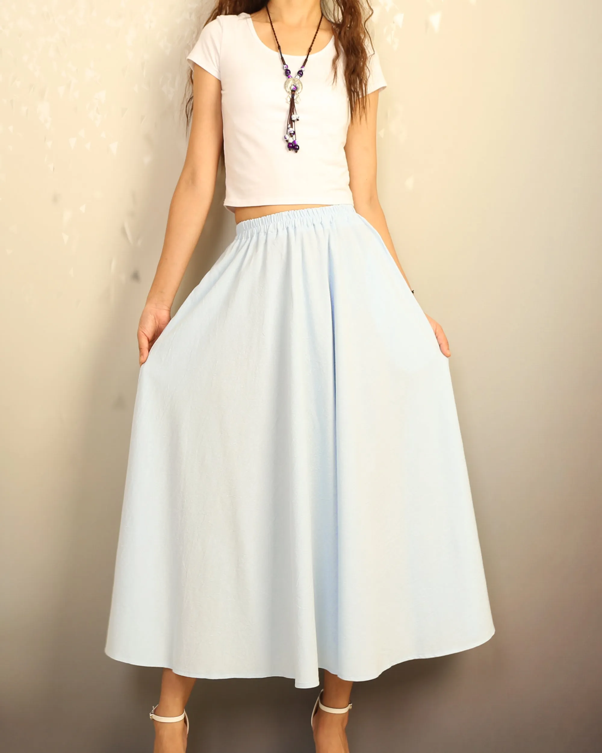 Flared skirt, Linen skirt, Elastic waist skirt, Boho skirt with pockets, high waist skirt(Q1065)