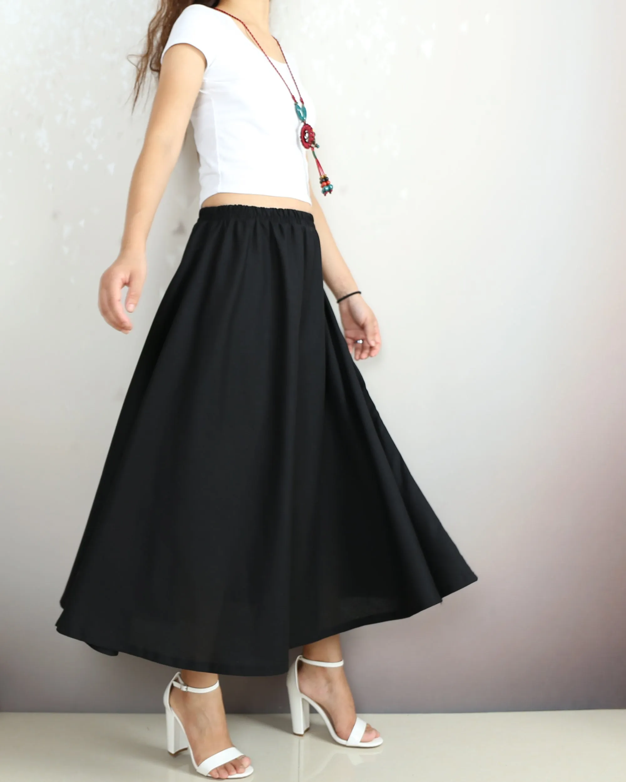 Flared skirt, Linen skirt, Elastic waist skirt, Boho skirt with pockets, high waist skirt(Q1065)